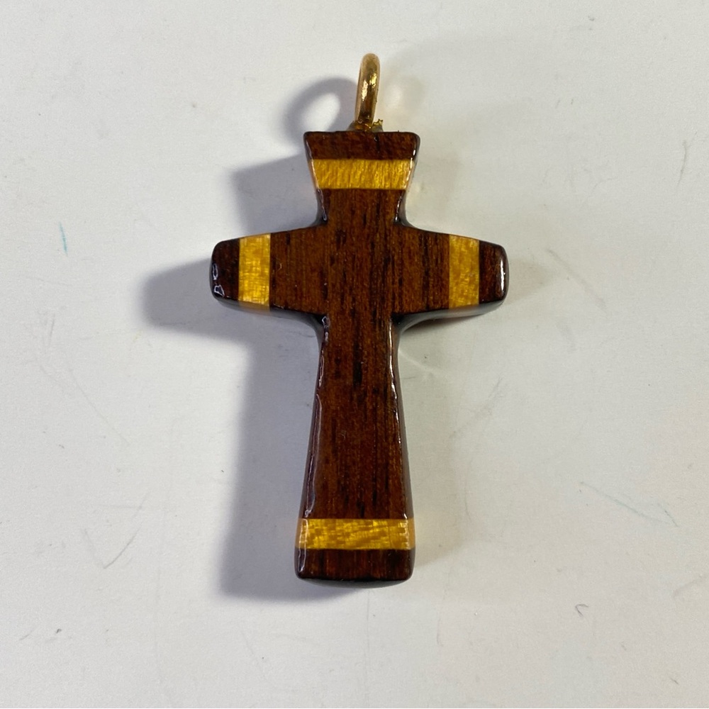 Vintage Handmade Wooden Cross Pendant Brown with Yellow Inlay - Picture 2 of 5